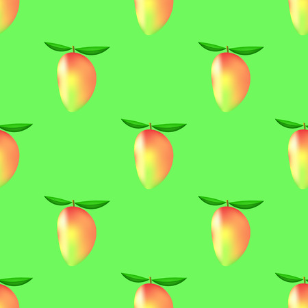 Set of Fresh Mango on Green Background. Seamless Mango Fruit Patternのイラスト素材