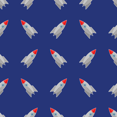 Space Rocket Flying on Blue Sky Background. Seamless Patternのイラスト素材