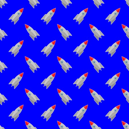 Space Rocket Flying on Blue Sky Background. Seamless Patternのイラスト素材