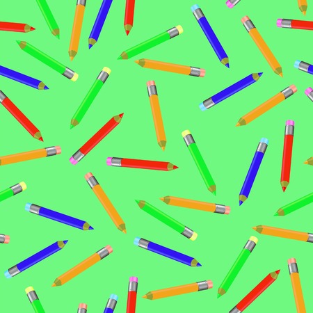 Seamless Pencil Pattern on Green. Set of Colorful Sharpened Pencils for Drawing. Randomly Scattered School Accessories.のイラスト素材