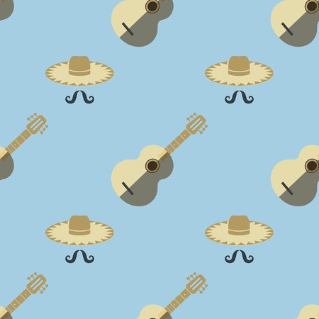 Mexican Guitar with Hat and Mustaches Seamless Pattern on Blue Background.のイラスト素材