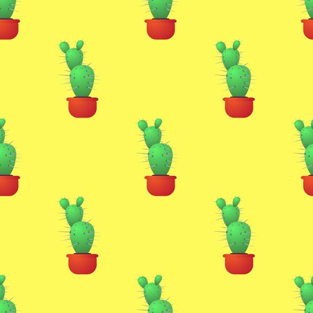 Green Cactus Seamless Pattern on Yellow. Houseplant Background.