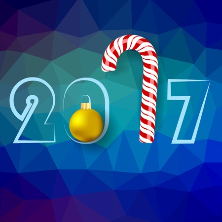 Winter Christmas Blue Polygonal Background with Candy Cane and Yellow Glass Ballのイラスト素材