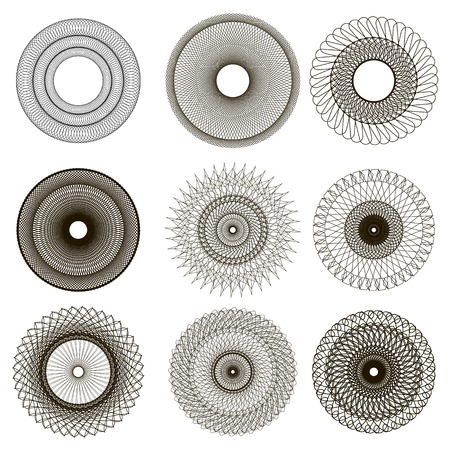 Set of Circle Geometric Ornaments. Guilloche Rosettes Isolated. Ornamental Round Decorのイラスト素材
