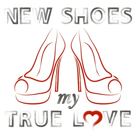 Grunge Hand Drawn Shoes Poster with Positive Quote. Silhouette of Modern Woman Shoes with Grunge Positive Wordsのイラスト素材