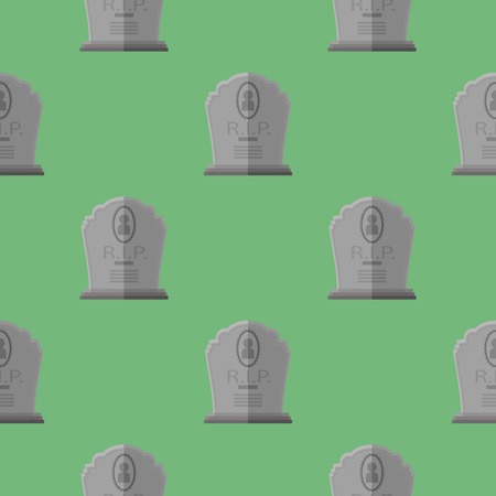 Gravestone Seamless Pattern on Green Background. Grey Stone Monuments on Halloween Cemetery. Grave Template.のイラスト素材