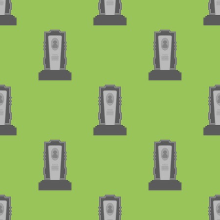 Gravestone Seamless Pattern on Green Background. Grey Stone Monuments on Halloween Cemetery. Grave Template.のイラスト素材