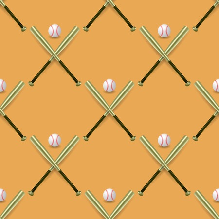 Baseball Sport Inventory Seamless Pattern Isolated on Orange Background. Metal Bat and Leather Ball Textureのイラスト素材