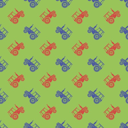Tractor Icon Seamless Pattern on Green Background. Agricultural Transport for Farmのイラスト素材