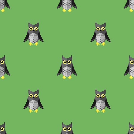 Cartoon Owl Seamless Pattern on Green Backgroundのイラスト素材