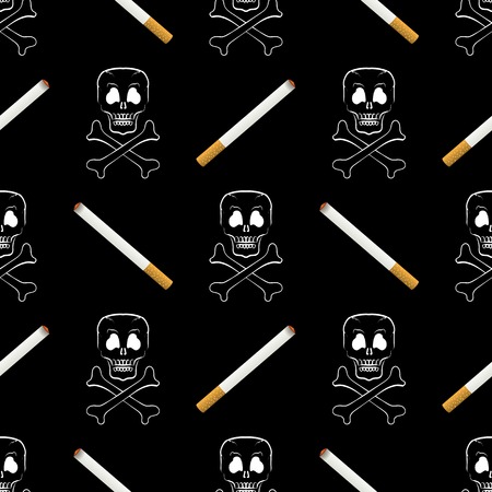 Burning Cigarette and Skull Seamless Pattern on Black Backgroundのイラスト素材
