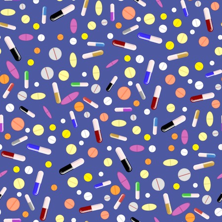 Diffetent Pills Isolated on Blue Background. Seamless Medical Patternのイラスト素材