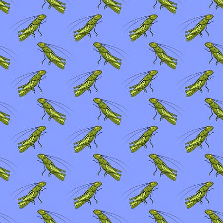 Green Cartoon Grasshoppers Seamless Pattern on Blue Background.のイラスト素材