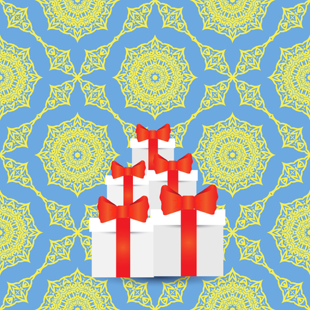 White Paper Boxes with Red Pibbons on Blue Yellow Ornamental Background. Stack of Gift Cardboardsのイラスト素材