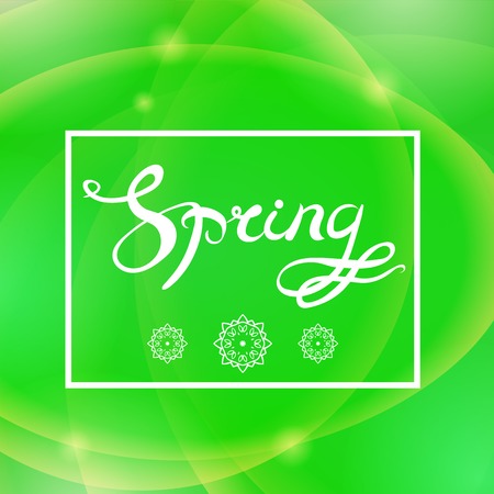 Spring Lettering Design.Green Banner with a Textured Abstract Blurred Flare Background and Text in Square Frame.のイラスト素材