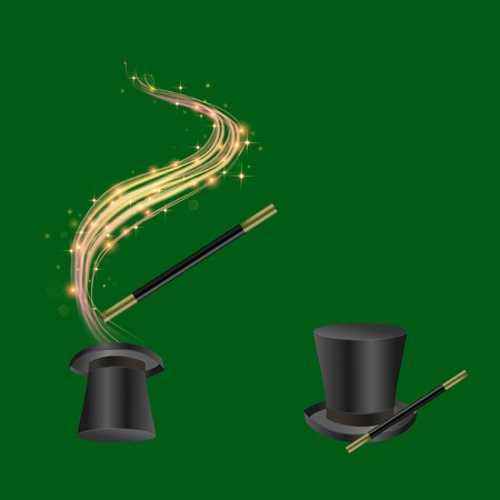 Realistic Magic Wand and Hat with Starry Lights on Green Backgroundのイラスト素材