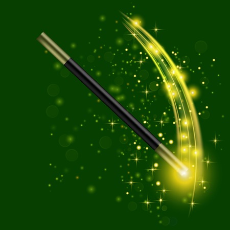 Realistic Magic Wand with Starry Lights on Green Backgroundのイラスト素材