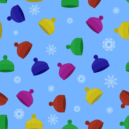 Colorful Winter Knitted Hat Seamless Pattern with Snowflakes on Blue Backgroundのイラスト素材
