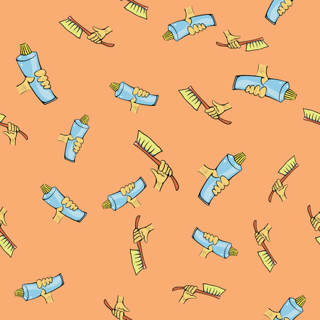 Toothbrush and Toothpaste Seamless Pattern on Orange Backgroundのイラスト素材