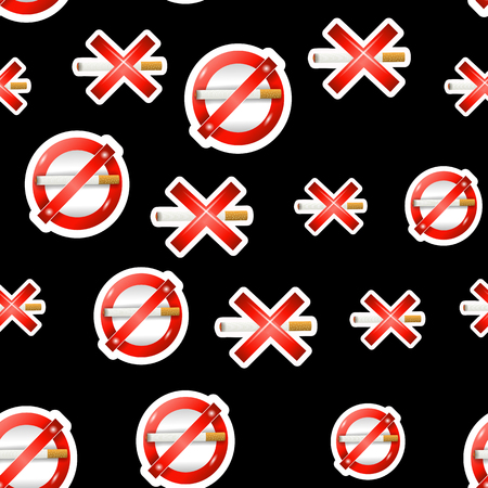 No Smoking, Cigarette, Smoke and Cigar Prohibited Symbols Isolated on Black Background. Seamless Patternのイラスト素材