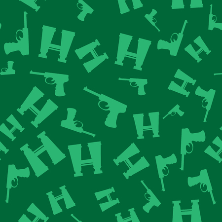 Weapon Random Seamless Pattern on Green Background. Military Texture with Silhouettes of a Pistols and Binocularsのイラスト素材