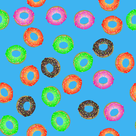 Colorful Fresh Sweet Donuts Seamless Pattern on Blue Background. Delicios Tasty Glazed Donut. Cream Yummy Cookie.のイラスト素材