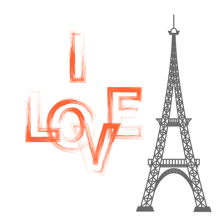 Eiffel Tower Silhouette and I Love You Text Isolated on White Backgroundのイラスト素材