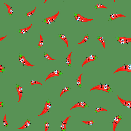 Hot Cartoon Red Peppers Seamless Pattern on Green Backgroundのイラスト素材