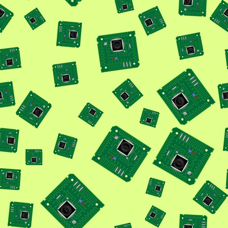 Green Circuit Board Seamless Pattern Isolated on Yellow Background. Part of Computerのイラスト素材