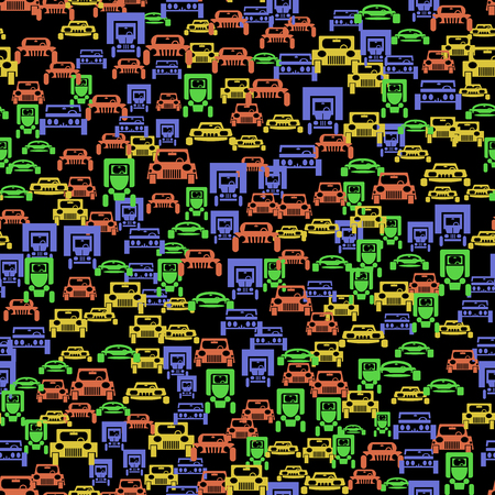 Colored Car Silhouette Seamless Pattern on Black Backgroundのイラスト素材