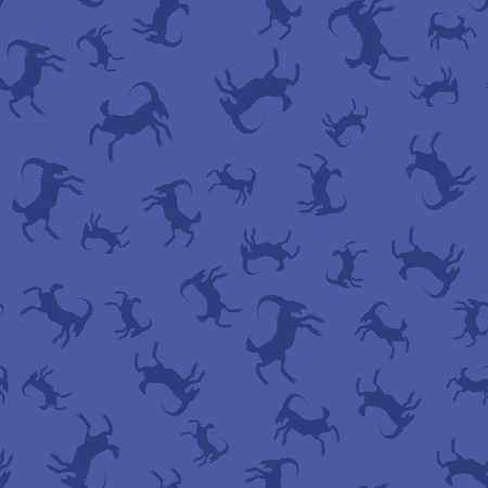 Horned Goats Seamless Pattern Isolated on Blue Background.  Silhouettes of Ramのイラスト素材