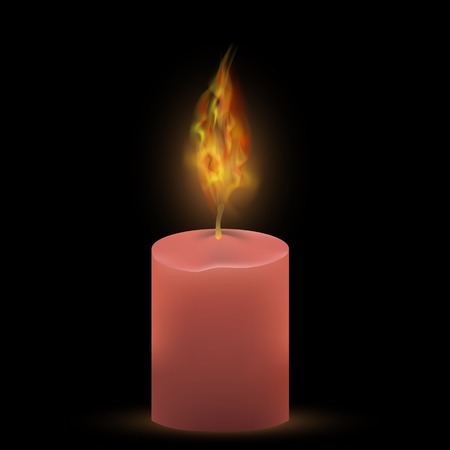 Burning Single Pink Candle Isolated on Black Background. Bright Fire Flame.のイラスト素材
