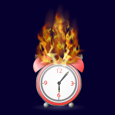 Red Alarm Clock Icon on Fire Flame Isolated on Dark Backgroundのイラスト素材