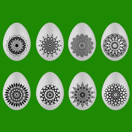 Set of Easter Eggs with Different Ornaments Isolated on Green Backgroundのイラスト素材
