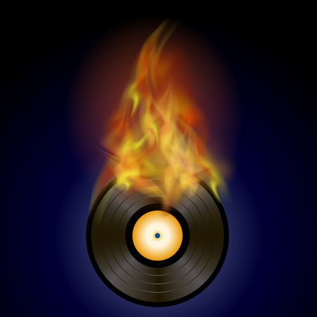 Burning Vinyl Disc with Fire Flame Isolated on Blue Backgroundのイラスト素材