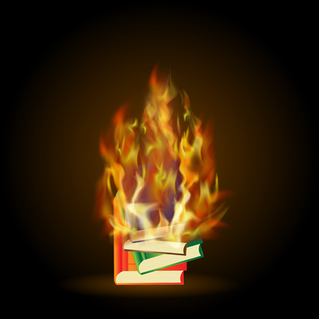 Burning Colored Books with Fire Flame Isolated on Black Backgroundのイラスト素材