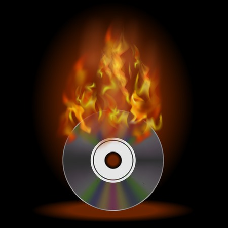 Digital Burning Compact Disc with Fire and Flame on Dark Backgroundのイラスト素材