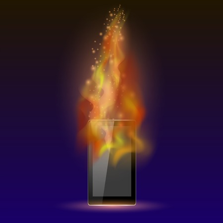 Burninng Tablet Computer with Fire Flame Isolated on Blue Backgroundのイラスト素材