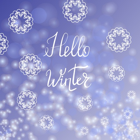 Hello Winter Typographic Poster. Hand Drawn Phrase. Lettering on Blue Sky Backgroundのイラスト素材