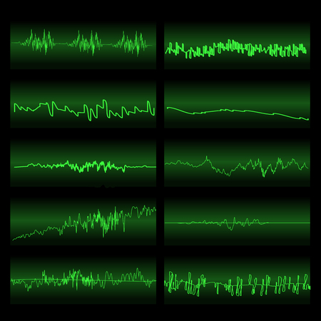 Green Sound Waves Set. Screen of Equalizer. Musical Vibration Graph. Radio Wave Amplitudeのイラスト素材
