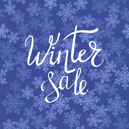 Winter Sale Typographic Poster. Hand Drawn Phrase. Lettering on Blue Snow Flake Backgroundのイラスト素材