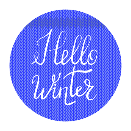 Hello Winter Typographic Poster. Hand Drawn Phrase. Lettering on Blue Knitted Backgroundのイラスト素材