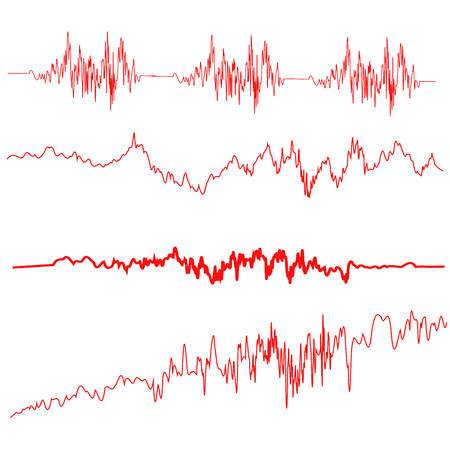 Red Sound Waves Set. Screen of Equalizer. Musical Vibration Graph. Radio Wave Amplitude