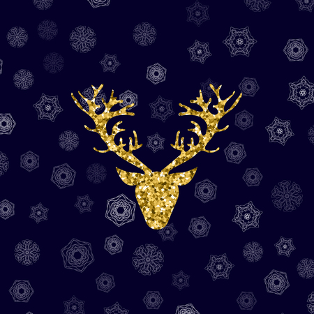 Gold Glitter Deer Head with Branched Horns on Winter Blue Snowflake Backgroundのイラスト素材