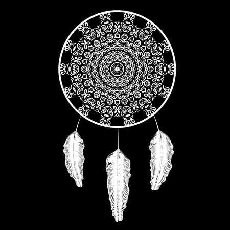 Dream Catcher Silhouette with Feathers Isolated on Black Backgroundのイラスト素材