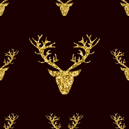Gold Glitter Deer Head with Branched Horns Seamless PAttern on Black Backgroundのイラスト素材