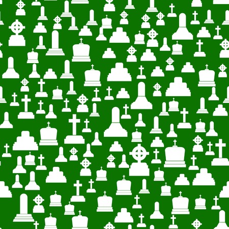 Gravestone Seamless Pattern on Green Background. White Stone Monuments on Halloween Cemetery. Grave Template.の写真素材
