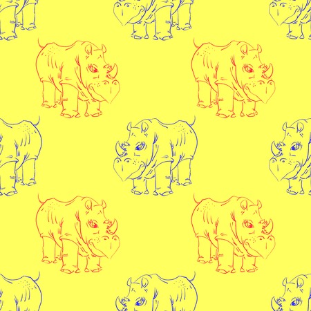 Cartoon Rhino Seamless Pattern on Yellow Backgroundの写真素材