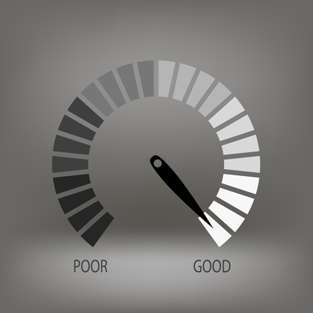 Credit Raiting Meter Icon on Blurred Grey Background. Gauges Scale with Black Arrowのイラスト素材