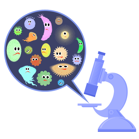 Set of Different Cartoon Microbes and Microscope. Pandemic Colored Backteria. Dangerous Bad Viruses. Germs Backterial Mickroorganism. Bacterium Monstersのイラスト素材